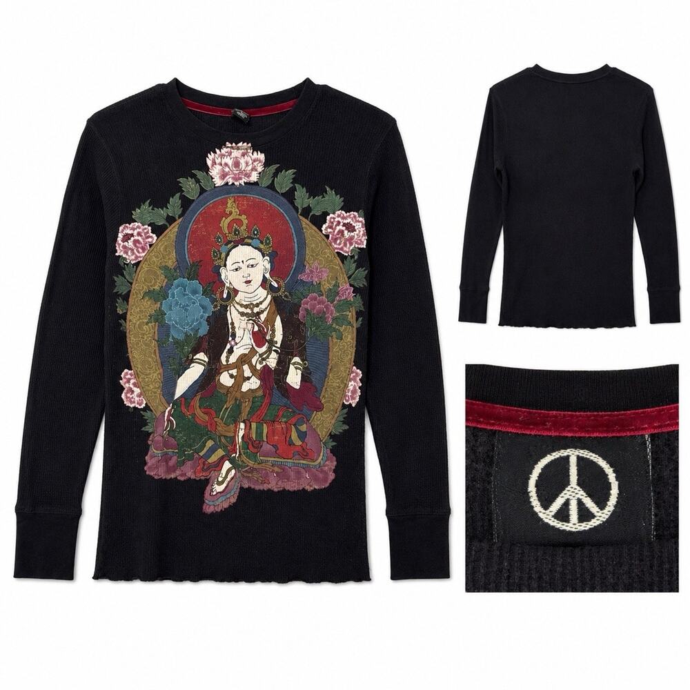 Lucky Brand Womens Black Waffle Thermal Buddha Graphic Top Size medium Y2K zen